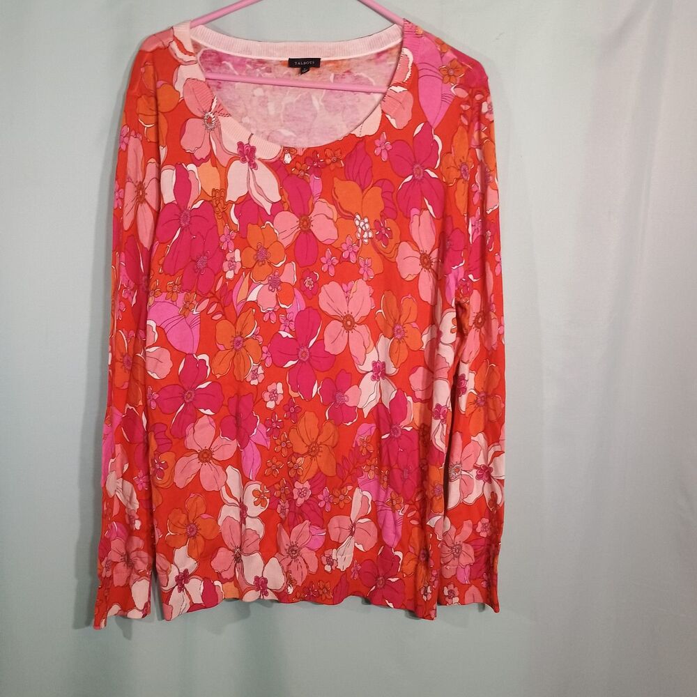 Women’s Pink & Orange Floral Print Long Sleeve Top – Scoop Neck Blouse